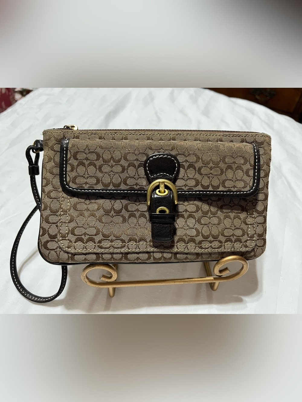Coach Beige/Brown Signature Canvas Wristlet with Buckle Accent
